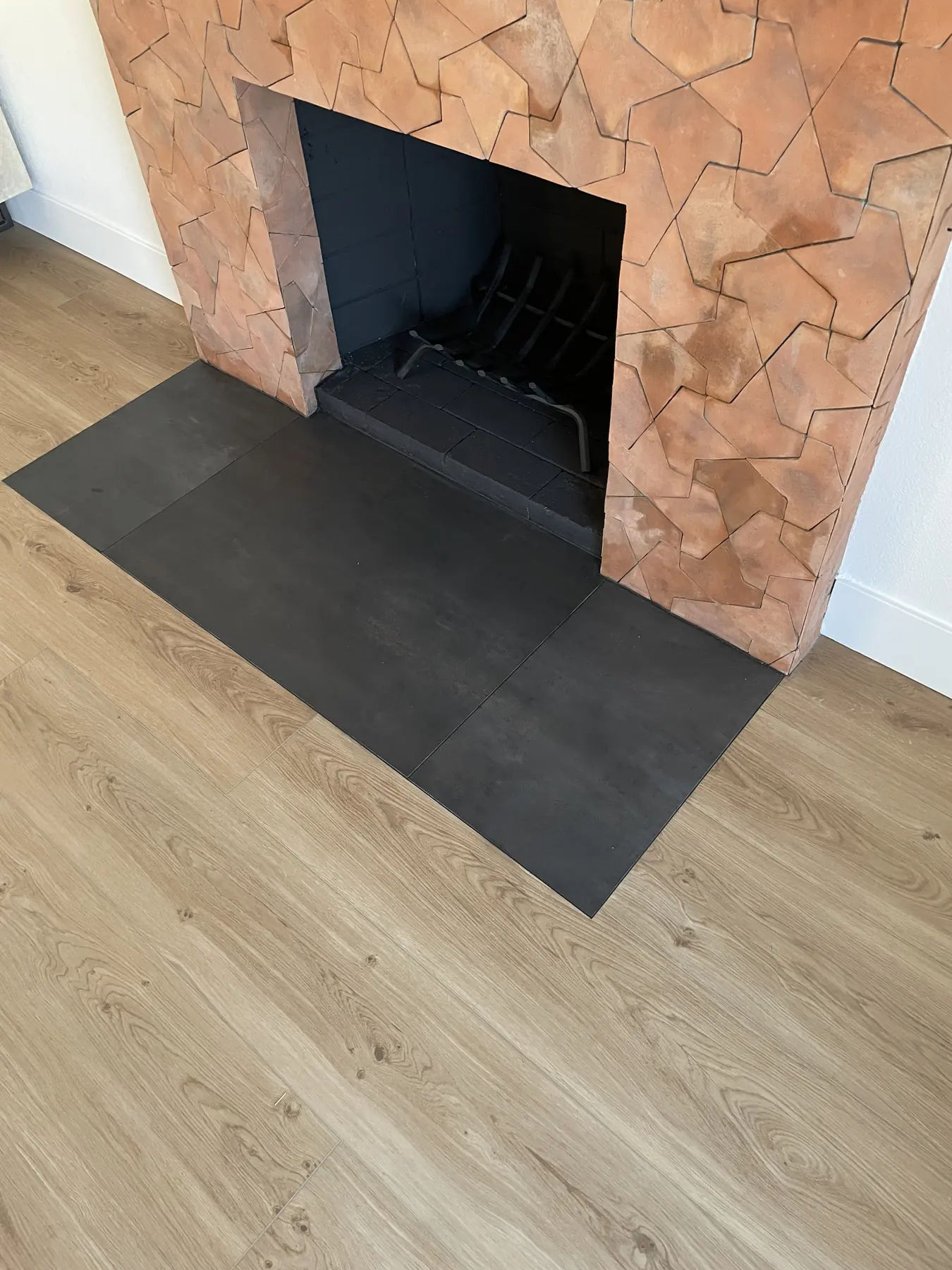 Grout-free clay tile fireplace, San Diego — after photo 2