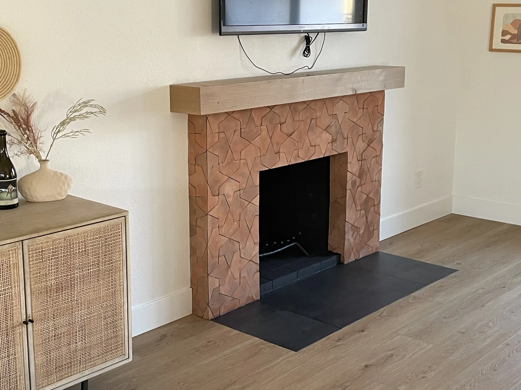 Grout-free clay tile fireplace, San Diego — after photo 3